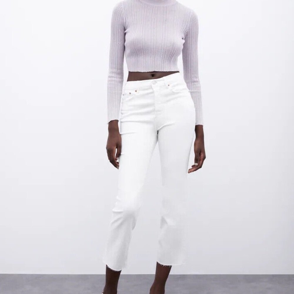 Zara cropped white flare leg jeans